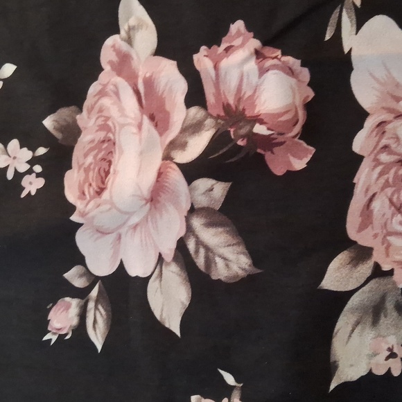Silky,Sexy,Black with Pink Roses,Off Shoulder,Mini Dress with Long Bell Sleeves - Picture 9 of 11